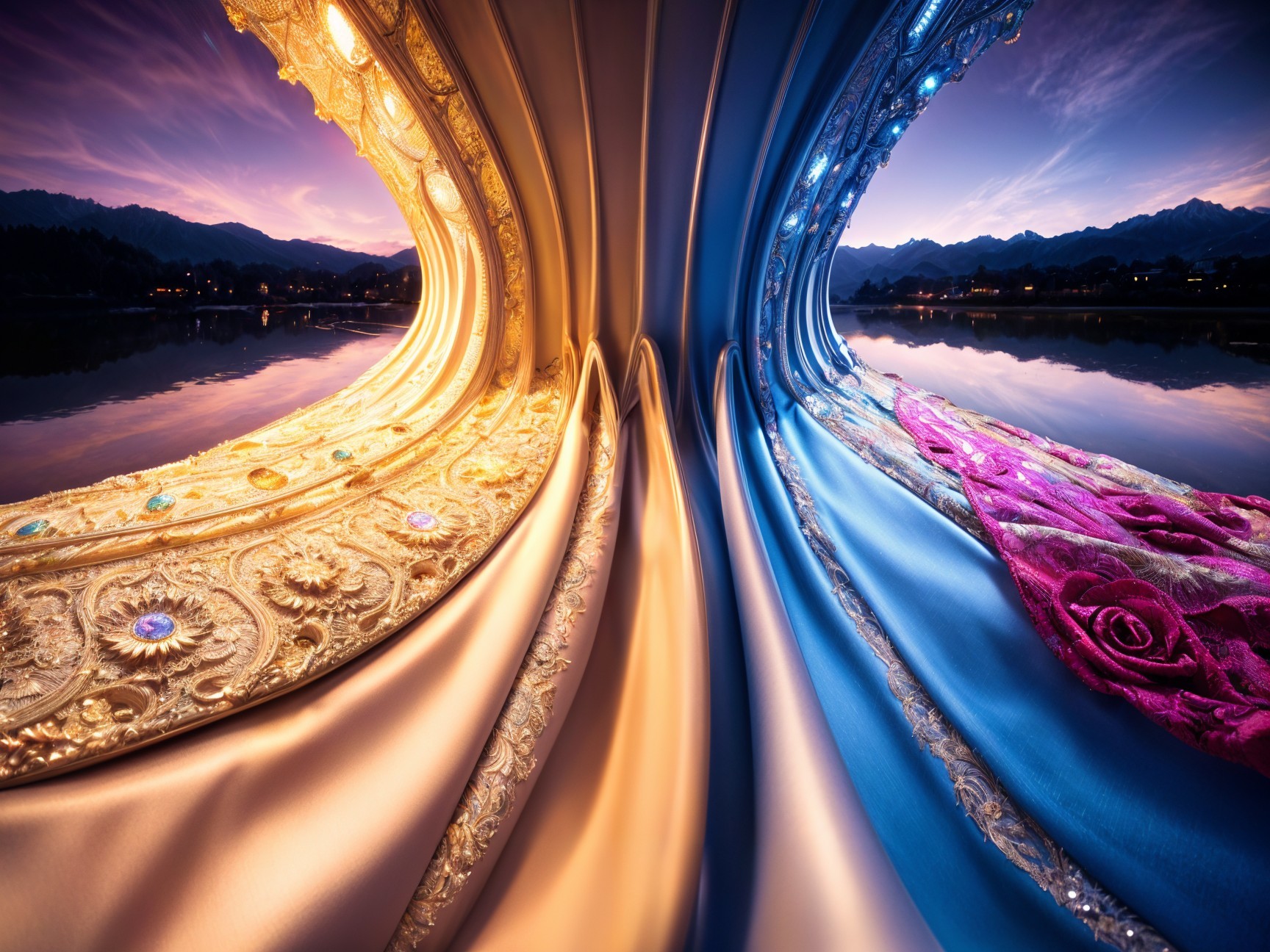 Surreal Landscape with Flowing Fabric and Mountains