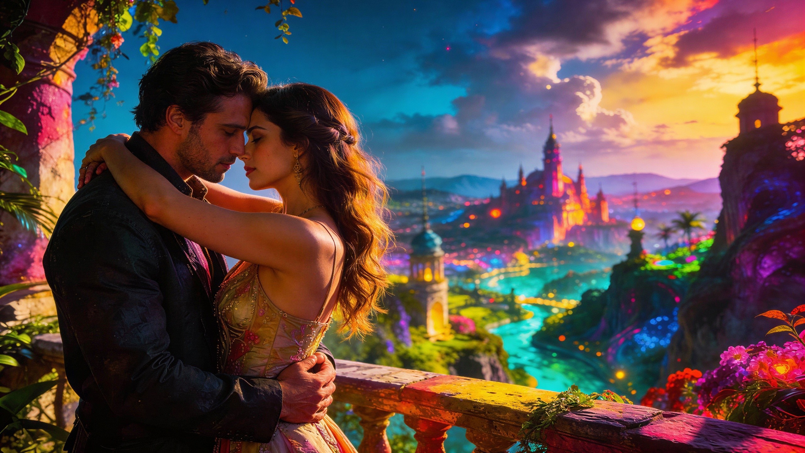 Romantic Embrace on a Balcony at Sunset Over City