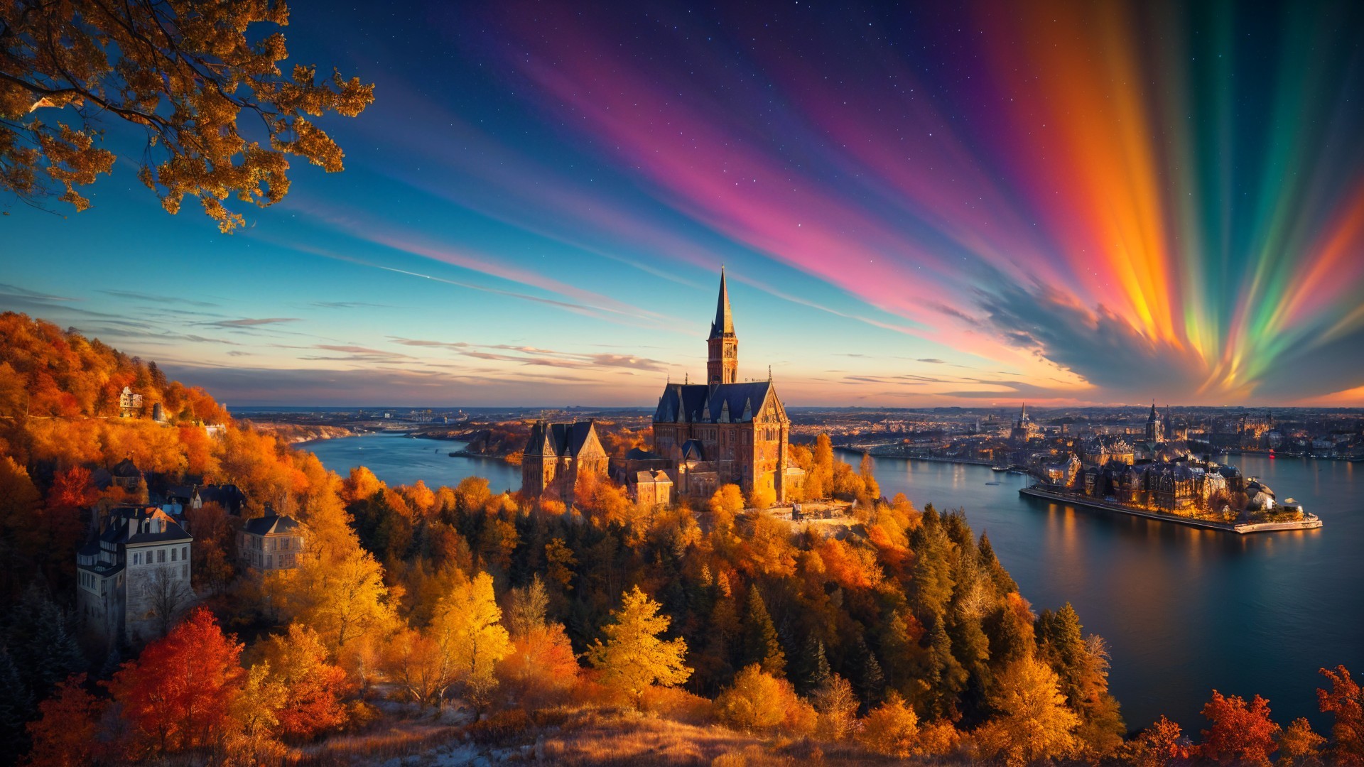 Majestic castle on hillside amid autumn foliage