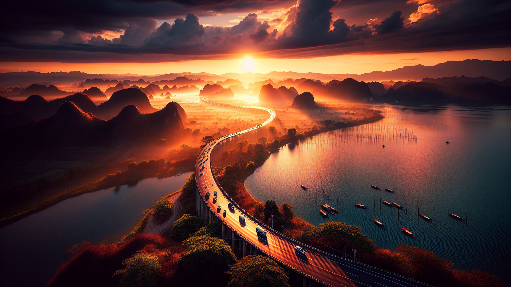 Vibrant Sunset Over Winding Road and Tranquil Water