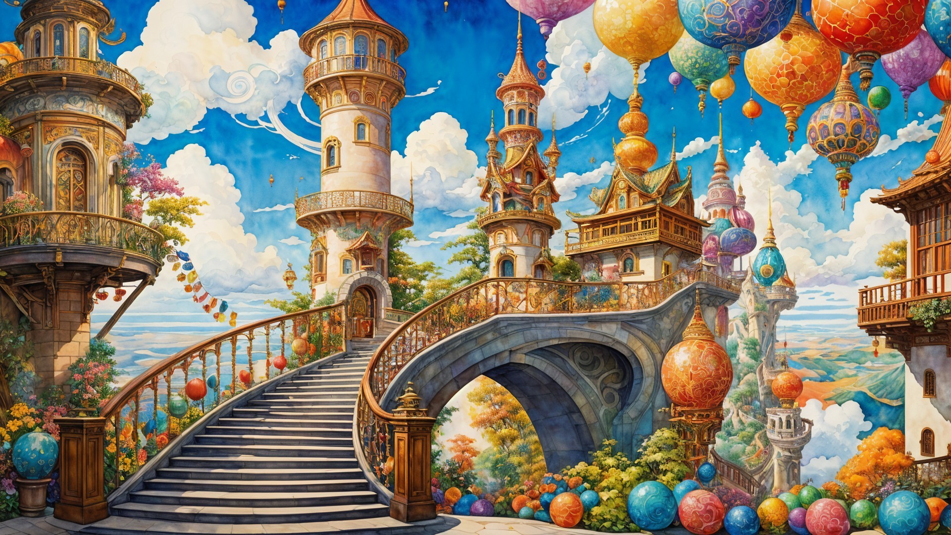 Whimsical Landscape with Colorful Towers and Balloons