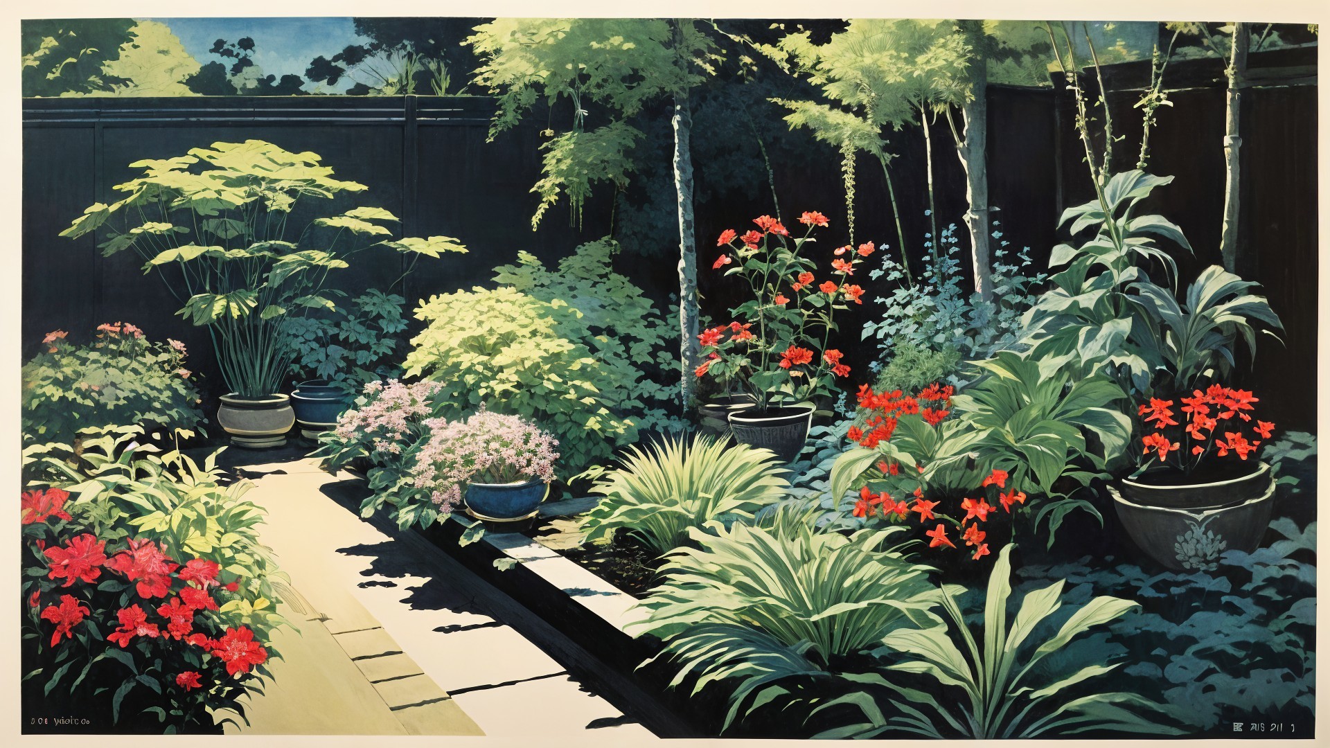 Vibrant Garden Scene with Colorful Flowers and Greenery