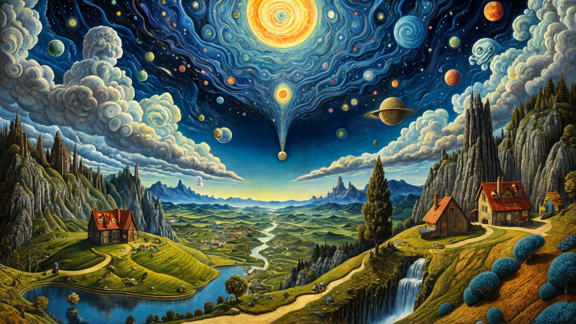 Fantastical Landscape with Cosmic Sky and Waterfalls