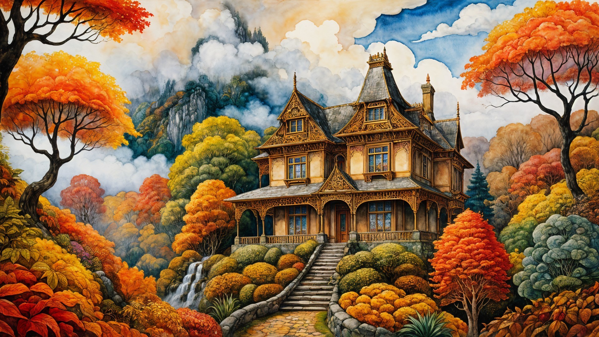 Victorian mansion surrounded by autumn foliage and mountains