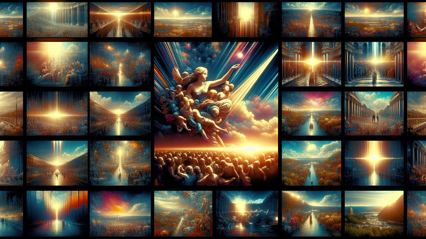Vibrant Montage of Divine Figures and Celestial Landscapes