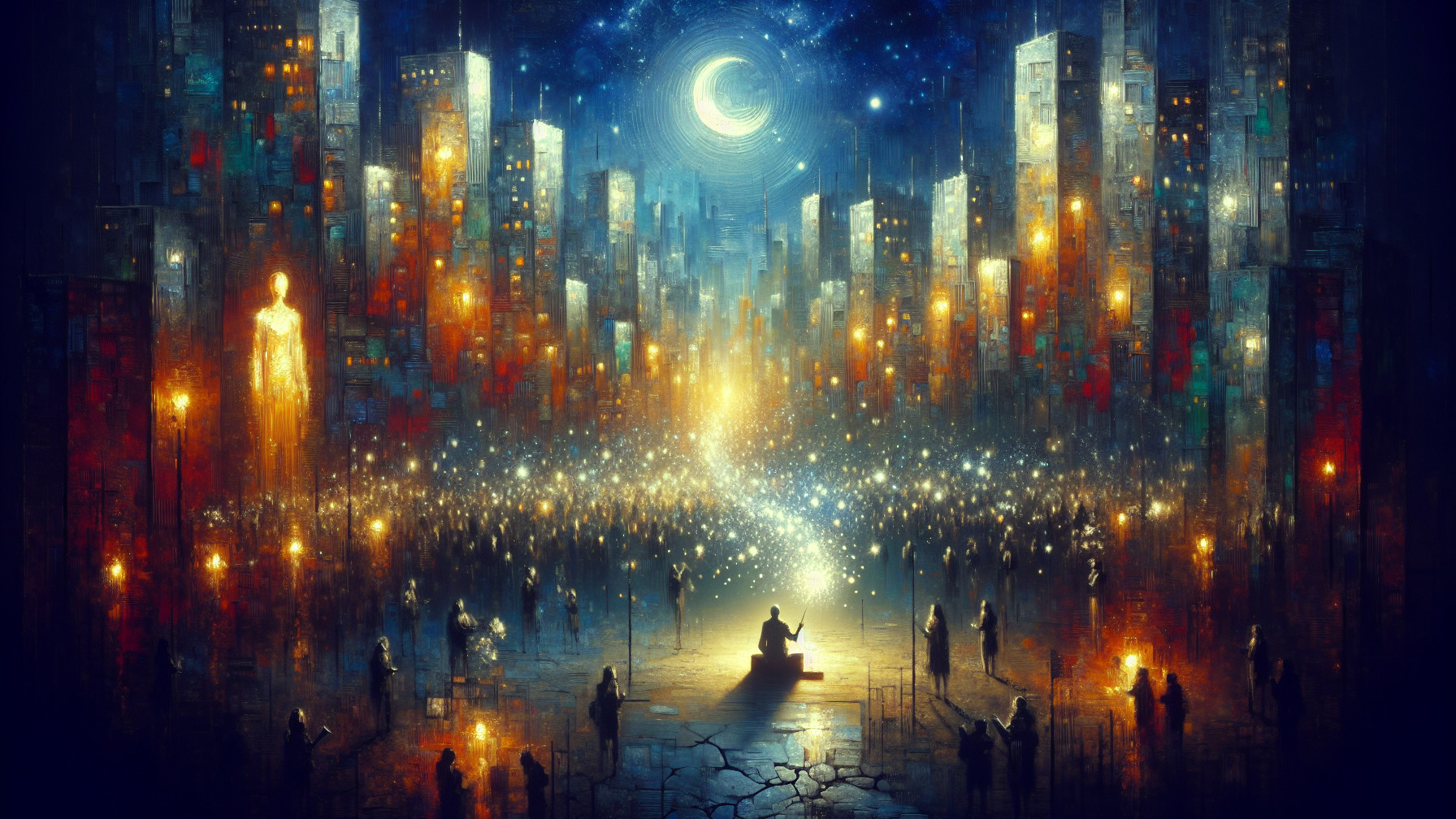 Twilight Cityscape with Skyscrapers and Crowds