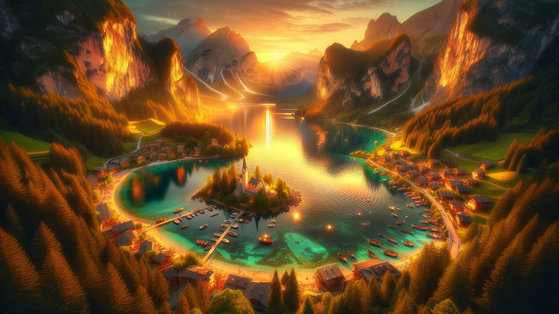 Sunset Over a Lake with Mountains and Village景色