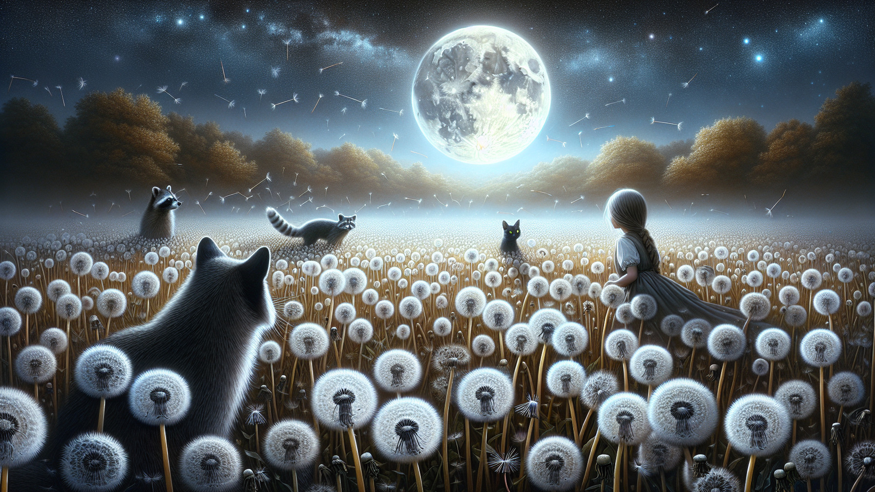 Young girl in dandelion field under full moonlight