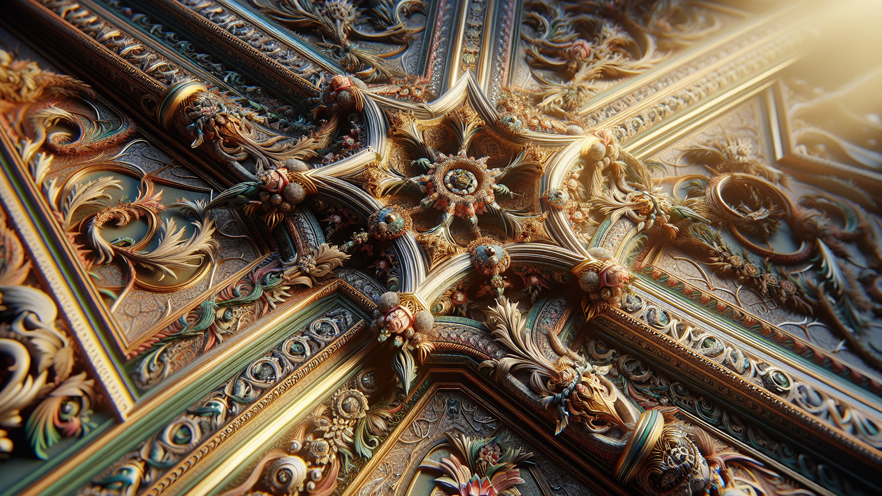 Intricate Ceiling Design with Floral Motifs and Colors