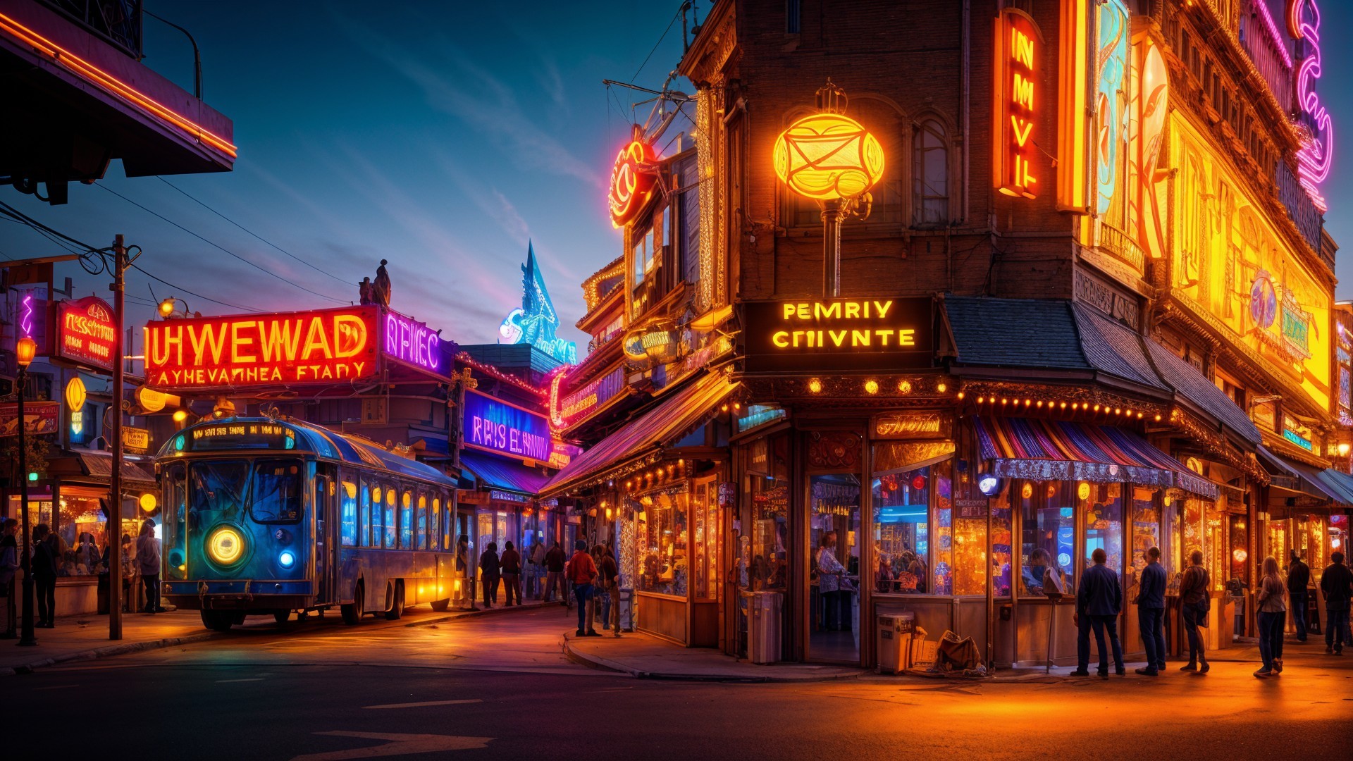 Vibrant Dusk Street Scene with Neon Lights and Vintage Streetcar
