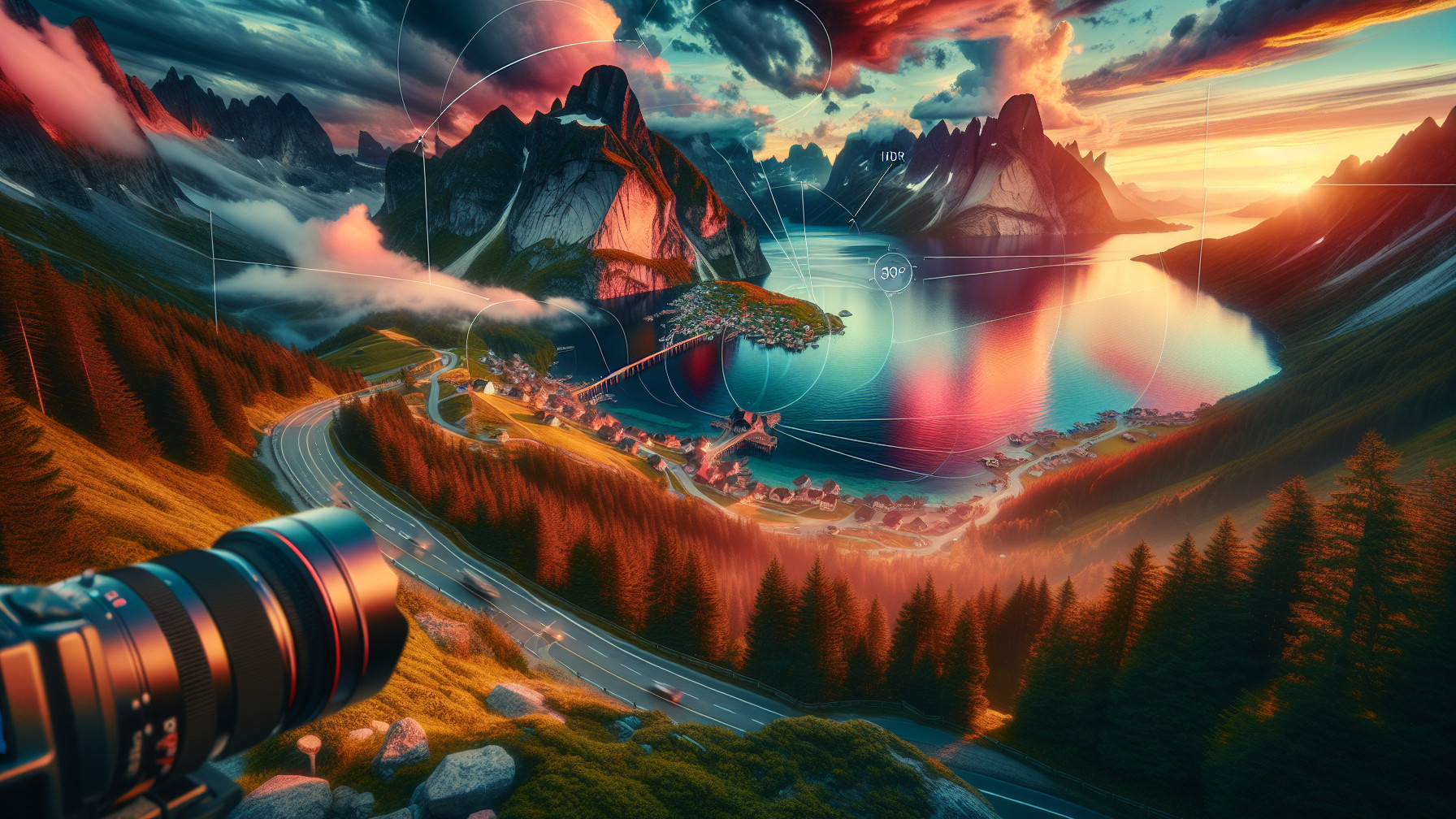 Serene Lake and Mountains at Sunset with Village Road