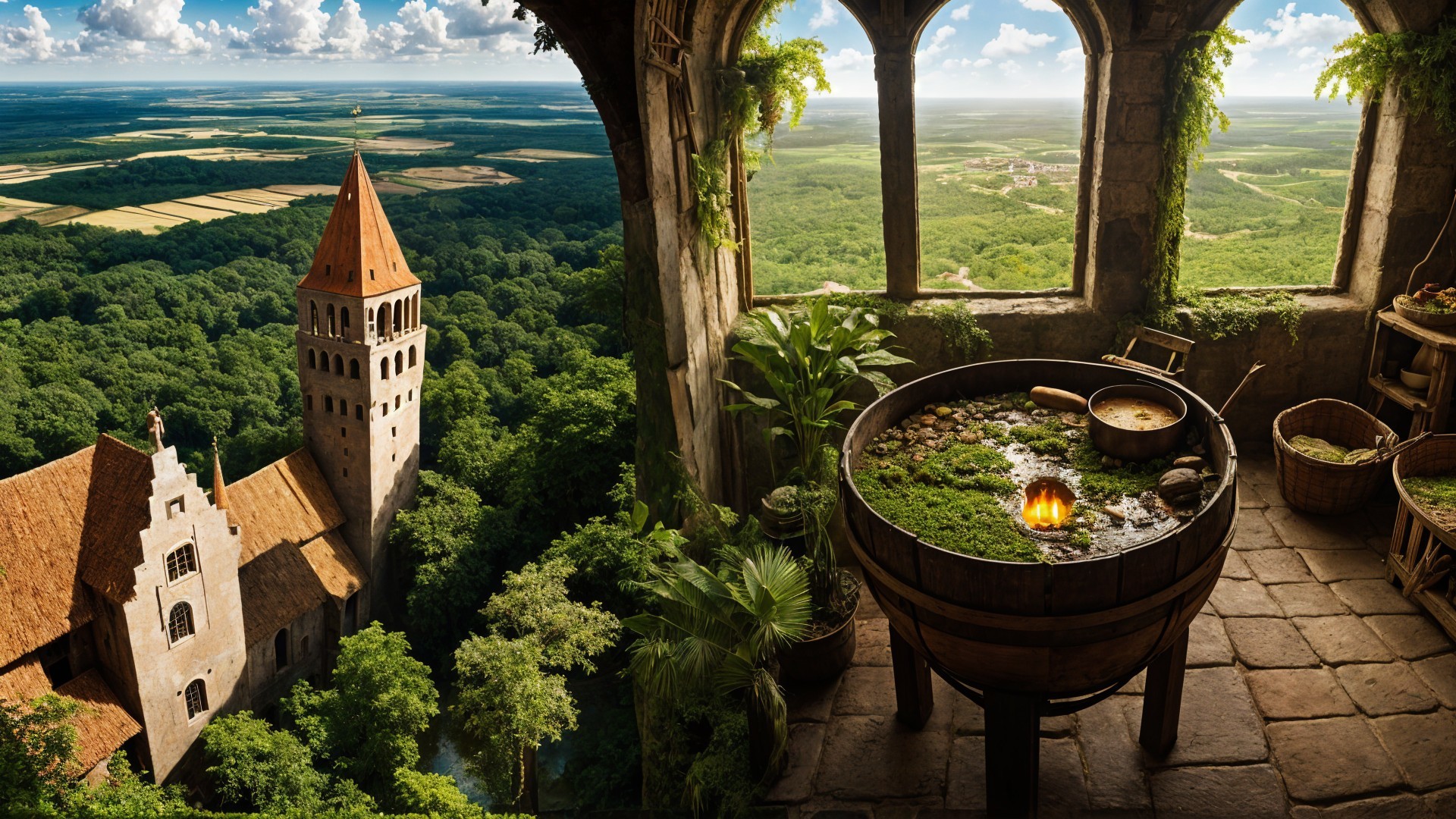 Medieval Interior with Stone Window and Castle View