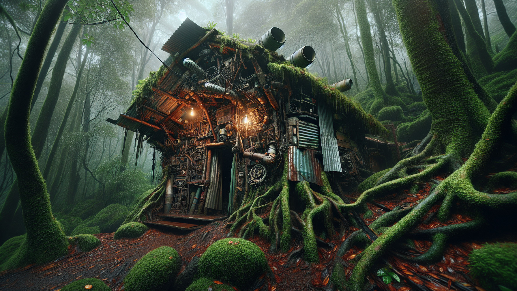 Whimsical Overgrown Cottage in a Misty Forest