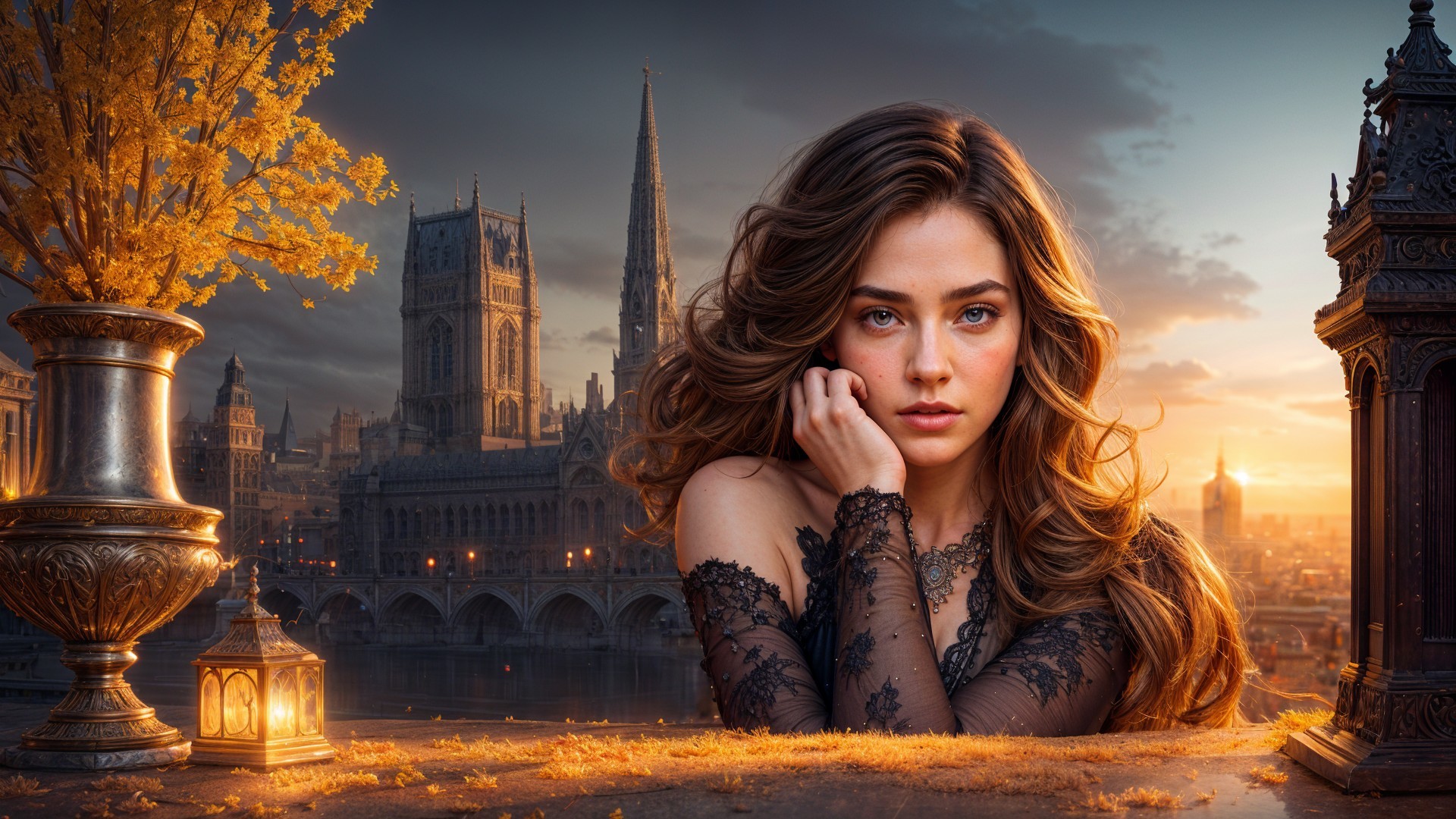 Young woman in black lace dress at sunset backdrop