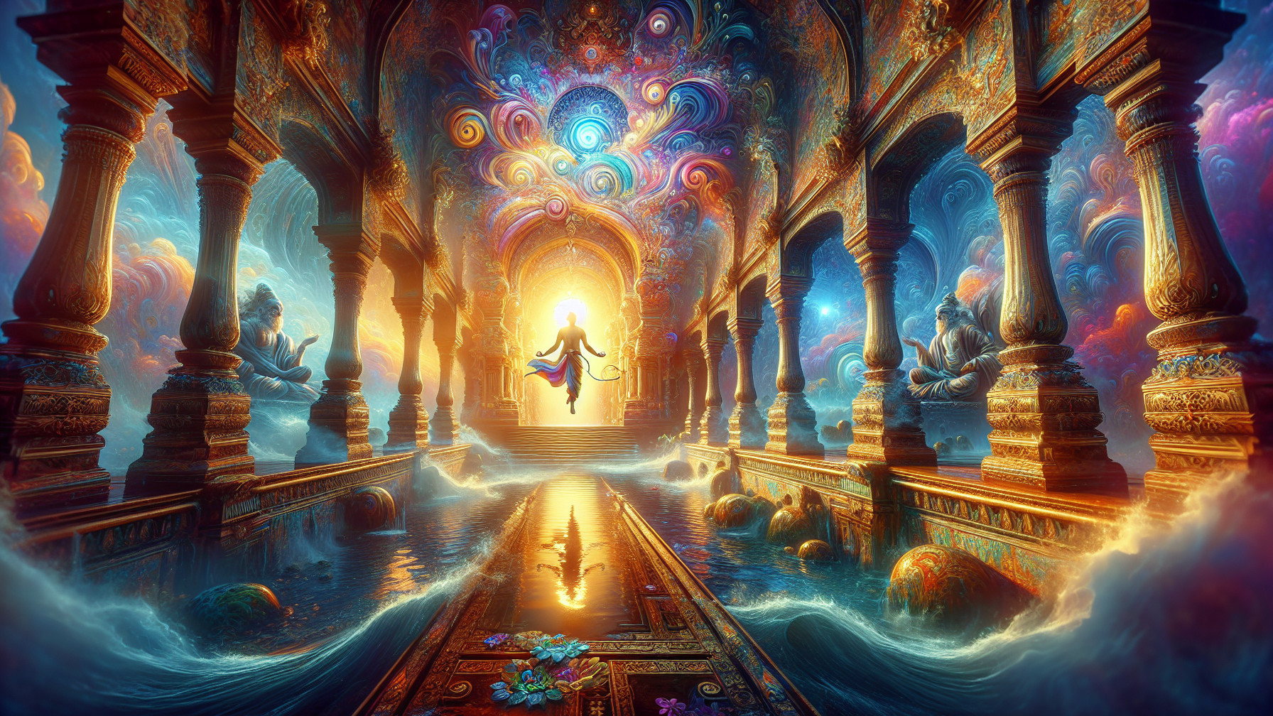 Vibrant Hall with Ethereal Figures and Mystical Statues