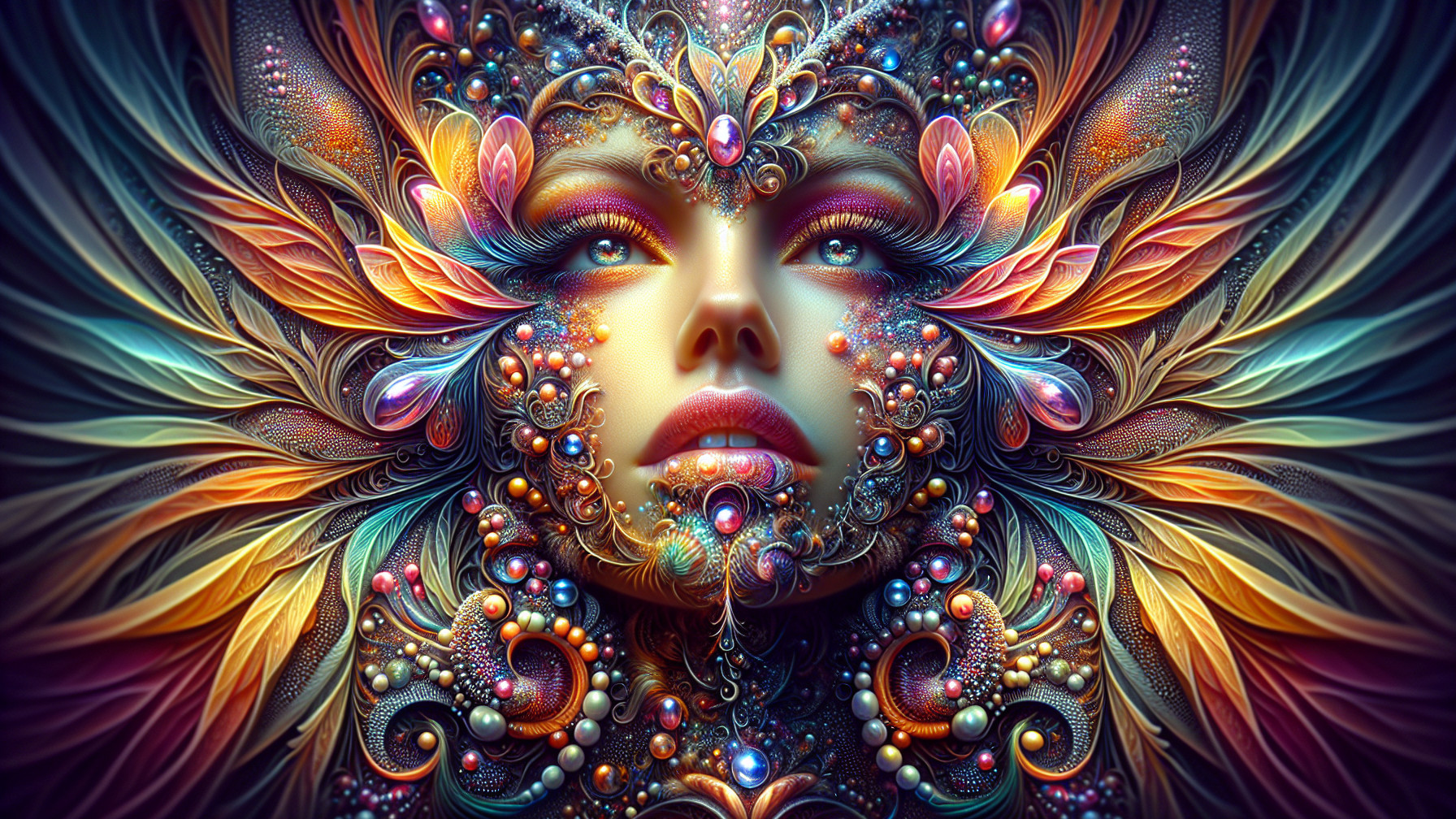 Ethereal Face Surrounded by Nature and Abstract Patterns