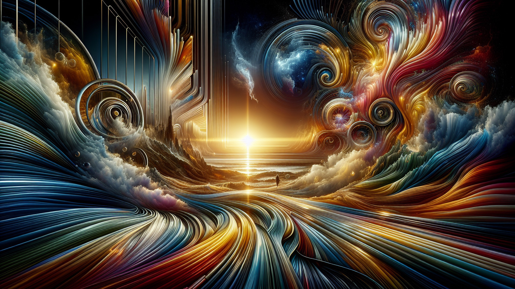 Surreal Landscape with Vibrant Colors and Cosmic Elements