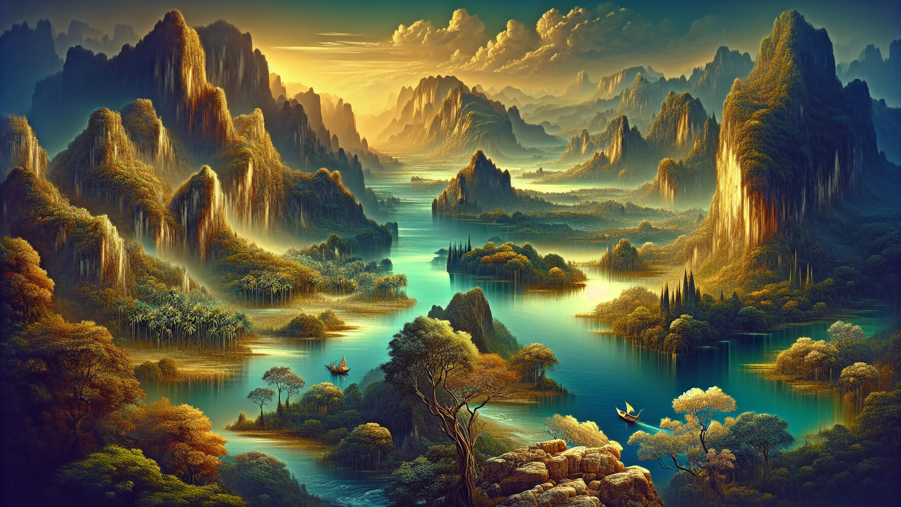 Misty Mountains and Tranquil River at Sunset