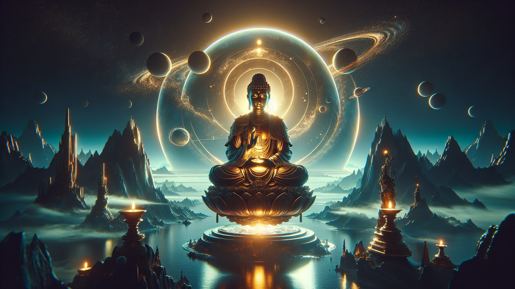 Golden Buddha Statue on Lotus in Celestial Landscape