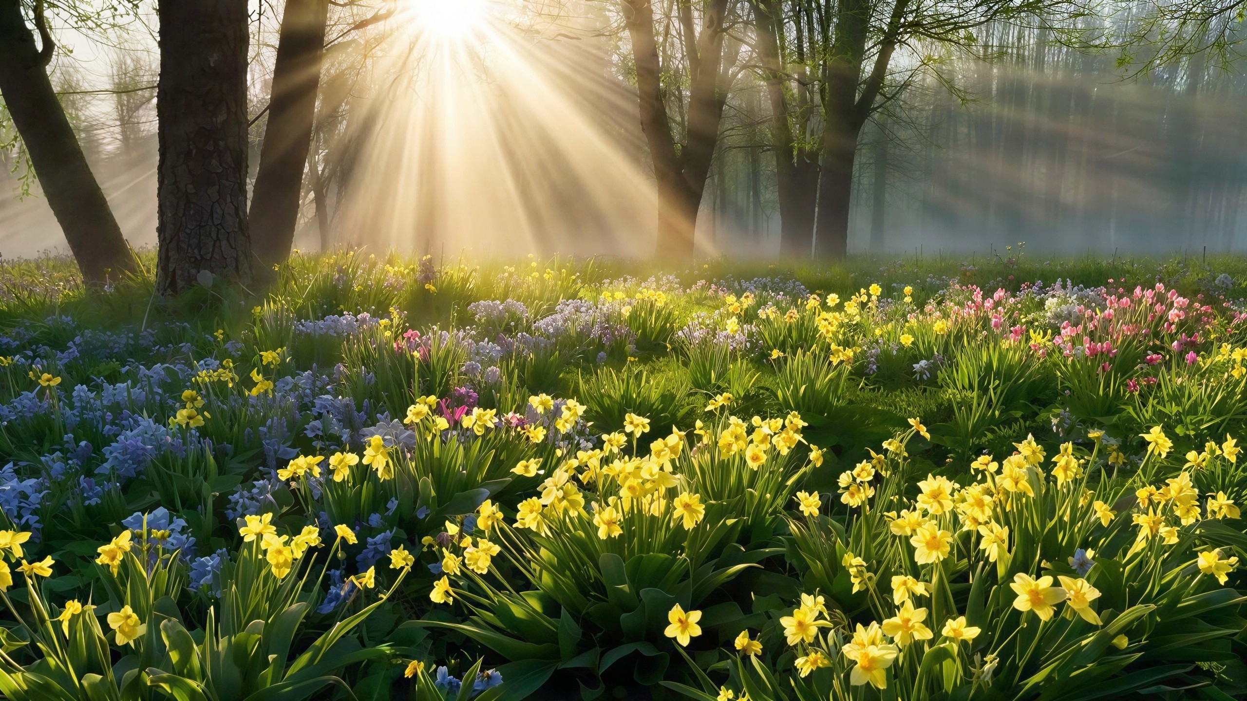 Colorful Wildflowers in a Misty Sunrise Forest