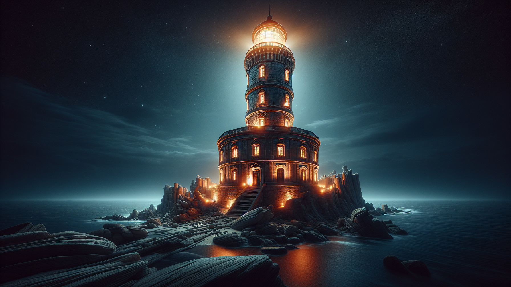 Majestic lighthouse on rocky shores at night