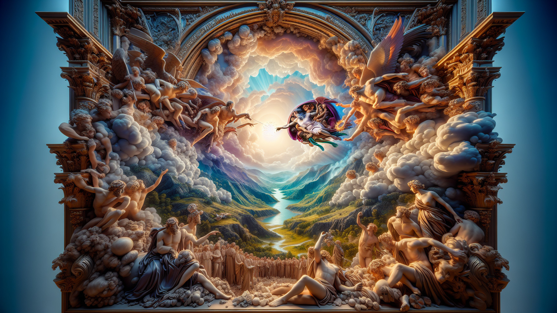 Dreamlike Scene with Ethereal Figures and Clouds