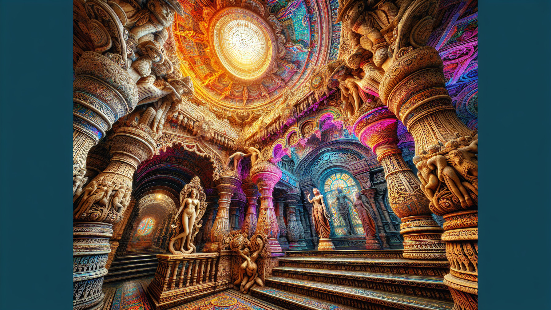 Fantastical Grand Hall with Intricate Carvings and Colors