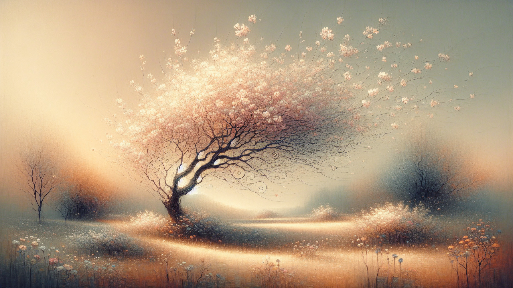Whimsical Landscape with Flowering Tree and Pastel Sky