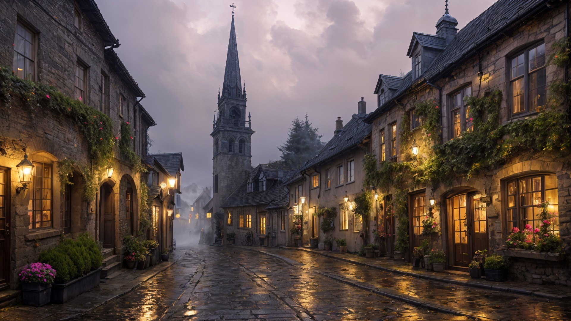 Medieval Village with Cobblestone Street and Church Steeple