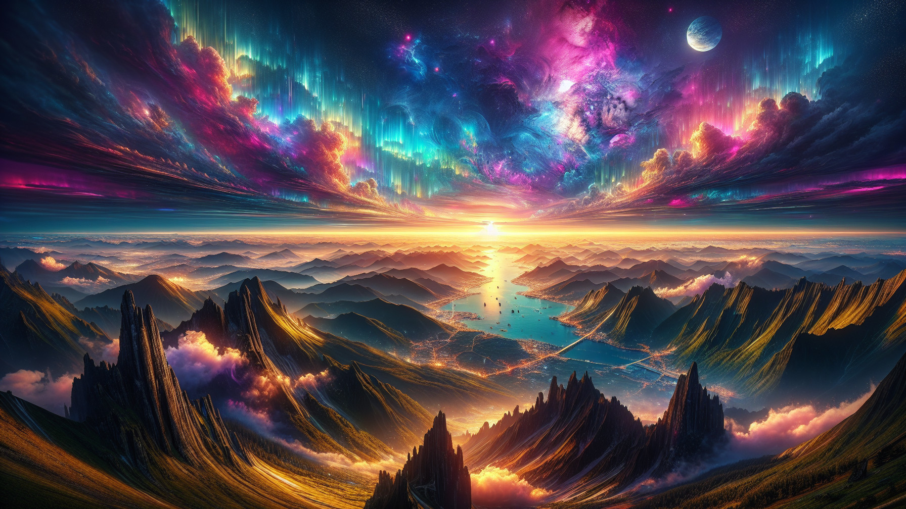 Vibrant Fantasy Landscape with Majestic Mountains and Water