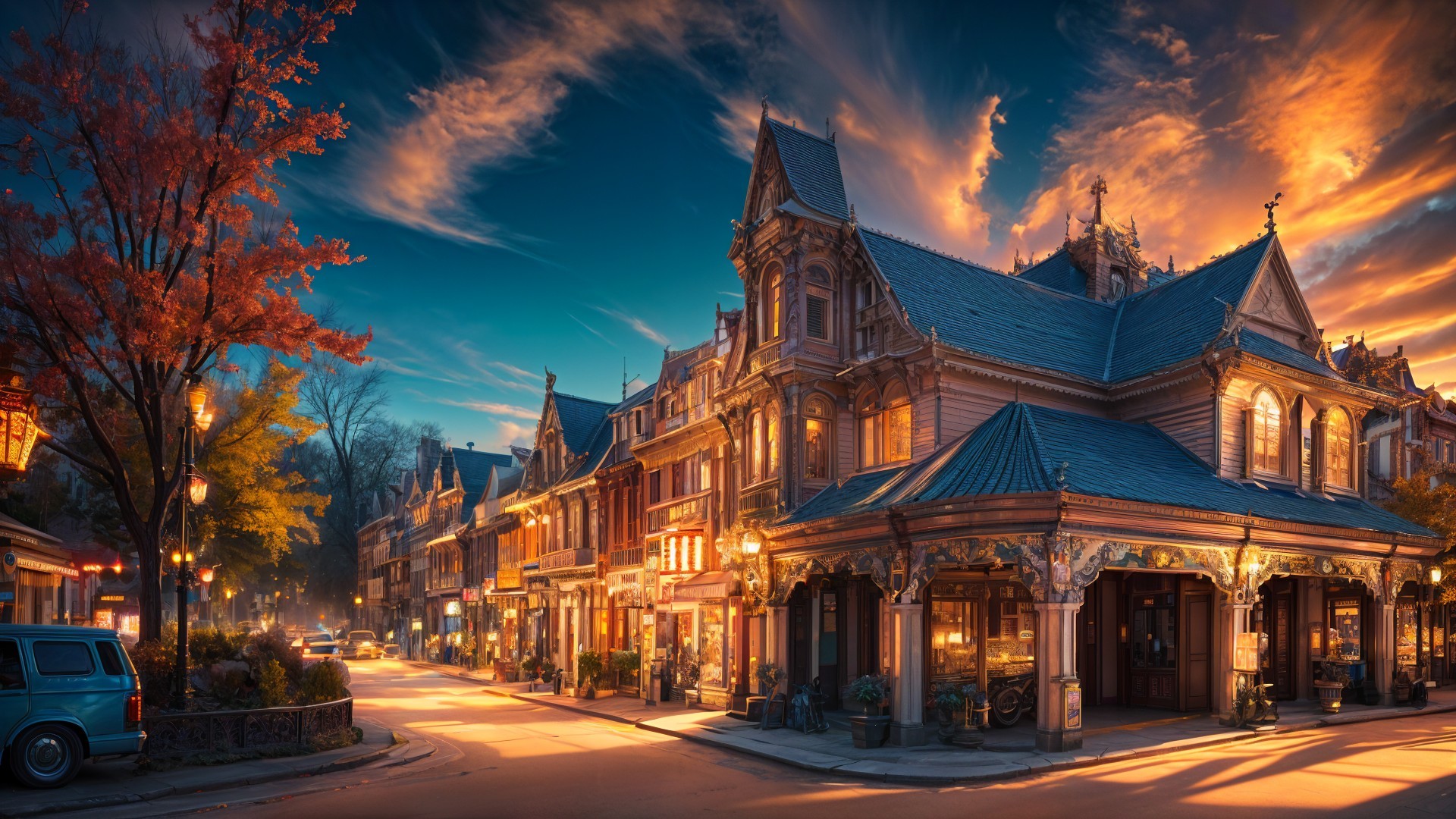 Charming street scene with ornate buildings at sunset