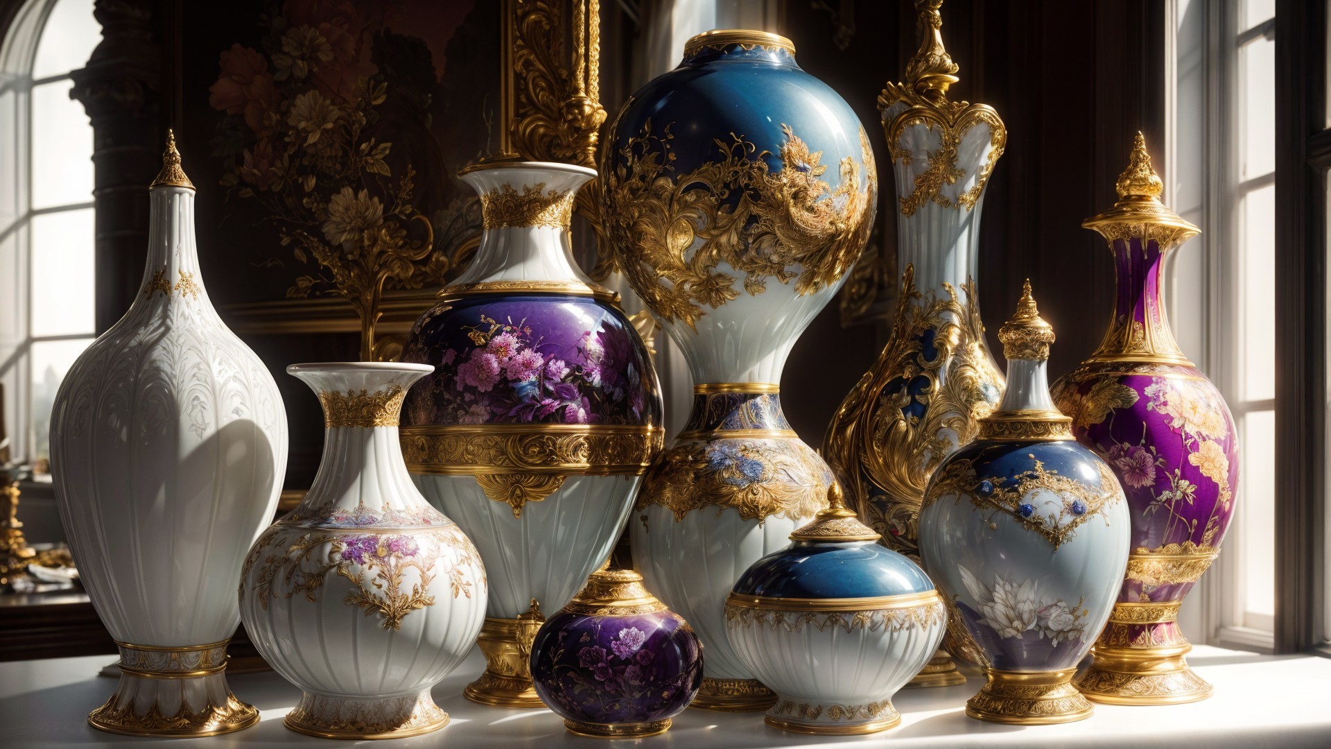 Ornate Porcelain Vases with Intricate Gold Detailing