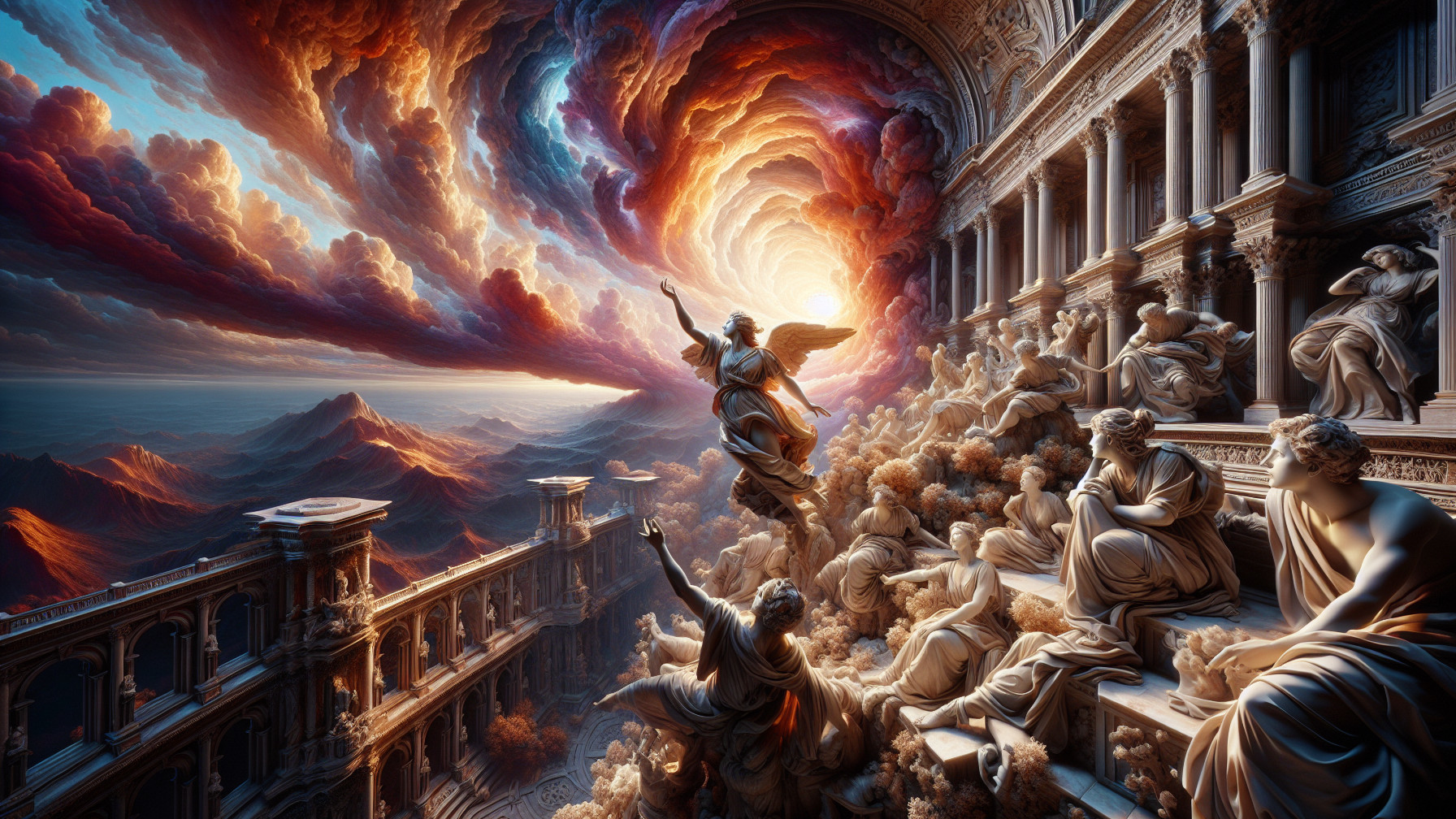 Celestial Being Ascending Amidst Vibrant Clouds and Statues