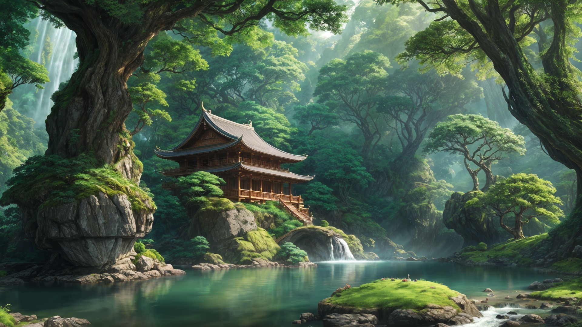 Traditional Pagoda in Serene Natural Landscape