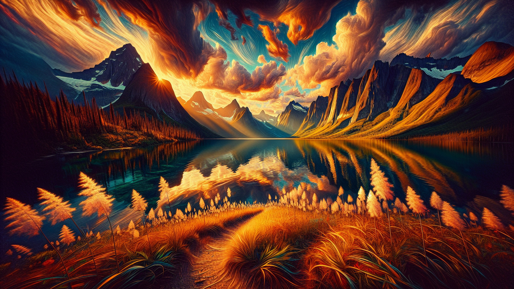 Tranquil Lake and Sunset Over Majestic Mountains