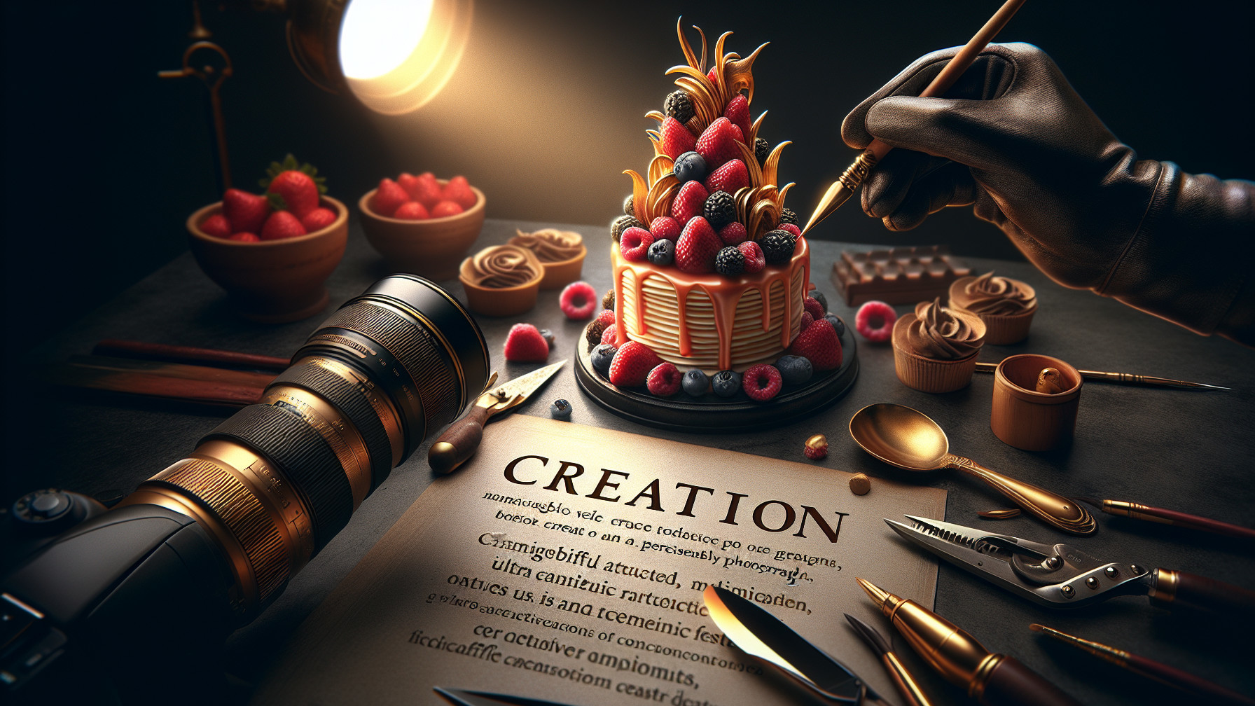 Lavish Cake with Raspberries and Artistic Tools