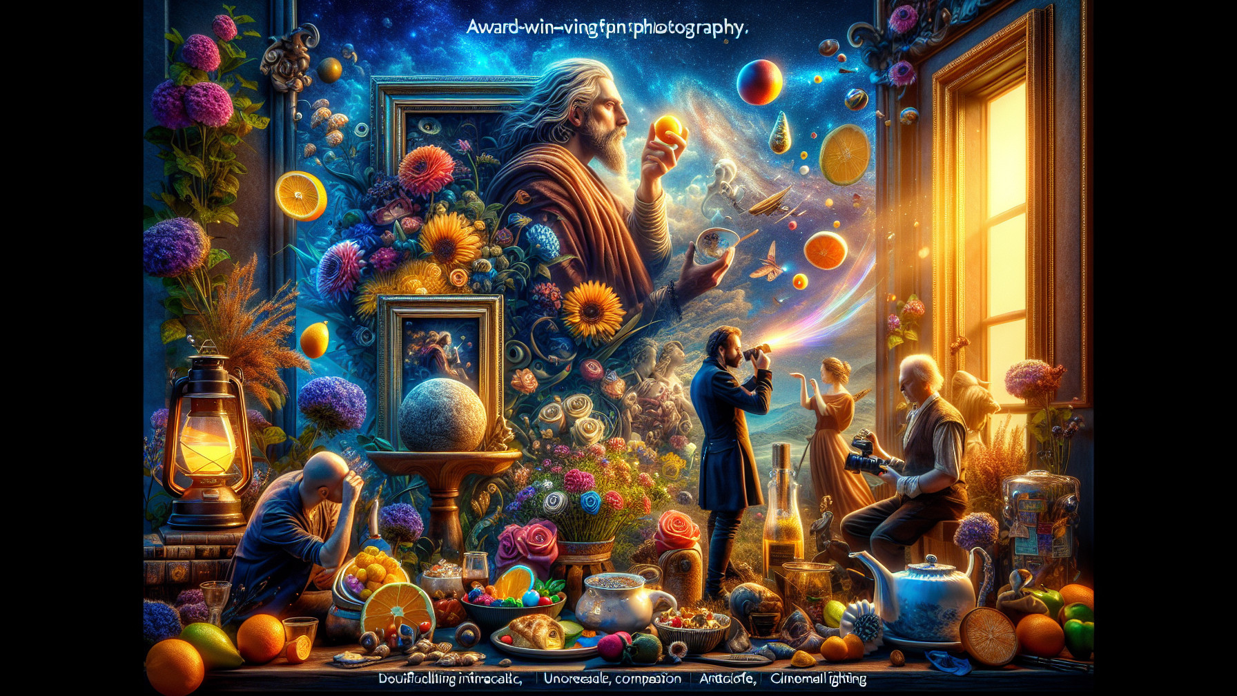 Surreal Scene with Flowers, Fruit, and Cosmic Elements