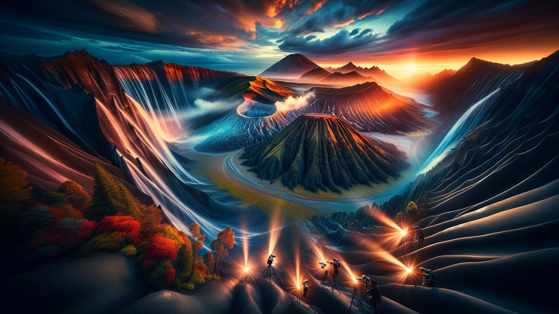 Vibrant Mountain Landscape at Sunset with Fog