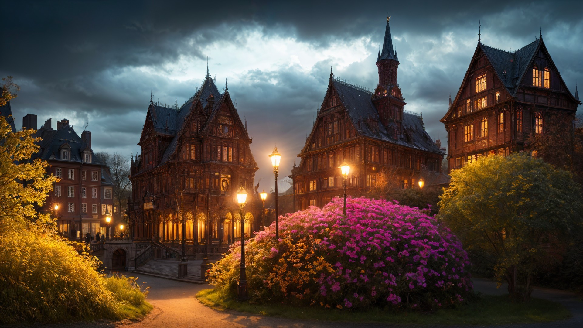 Gothic Architecture with Warm Lighting and Flower Beds
