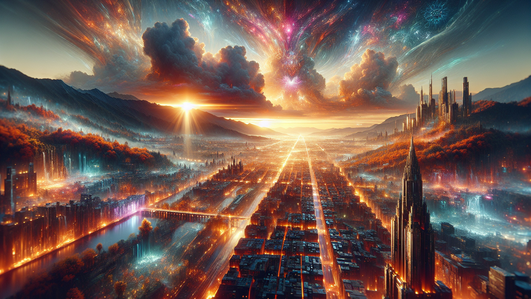 Vibrant City Skyline at Sunset with Mountains and Forests