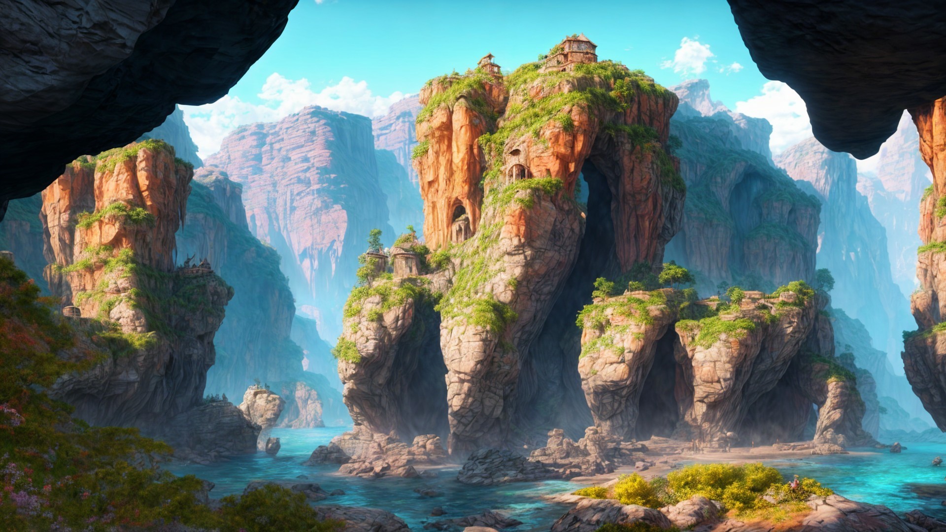 Towering Cliffs and Quaint Structures in Idyllic Landscape