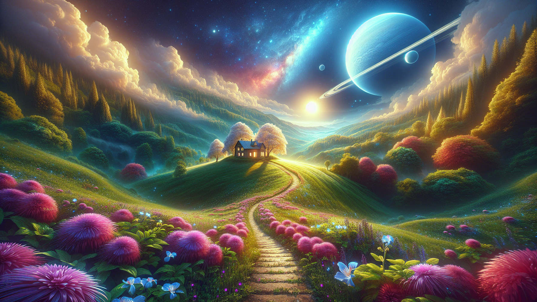 Dreamlike Landscape with Cosmic Elements and Nature