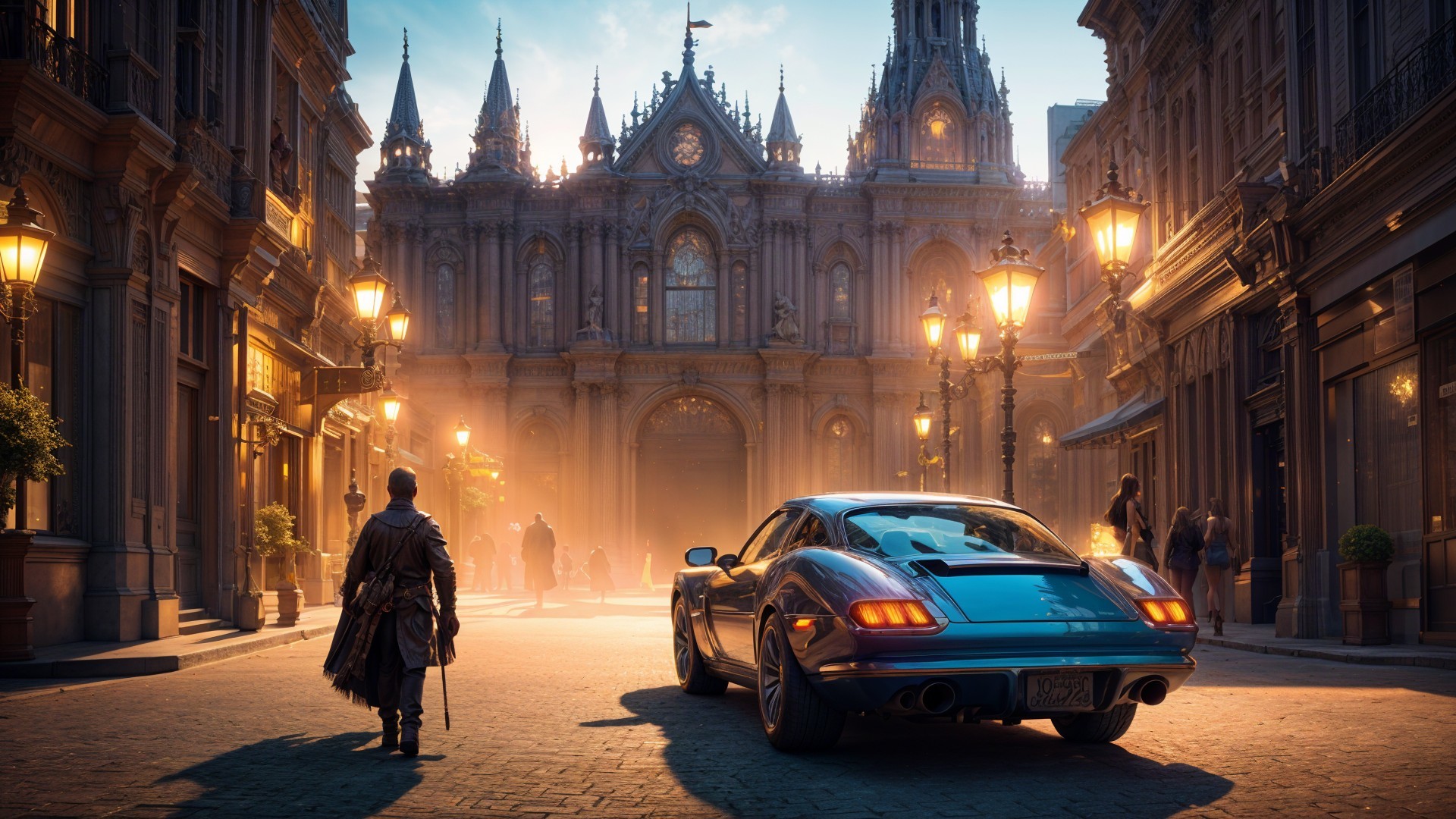 Twilight Scene with Figure and Ornate Building