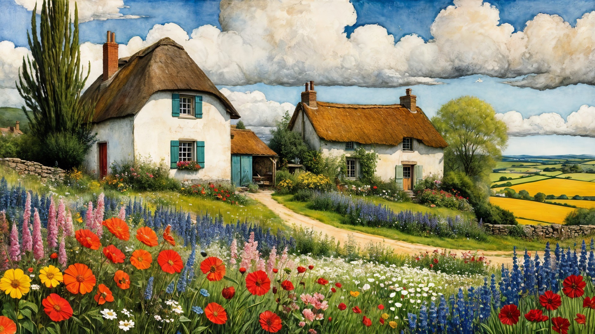Charming Cottages Amidst Colorful Flower Fields
