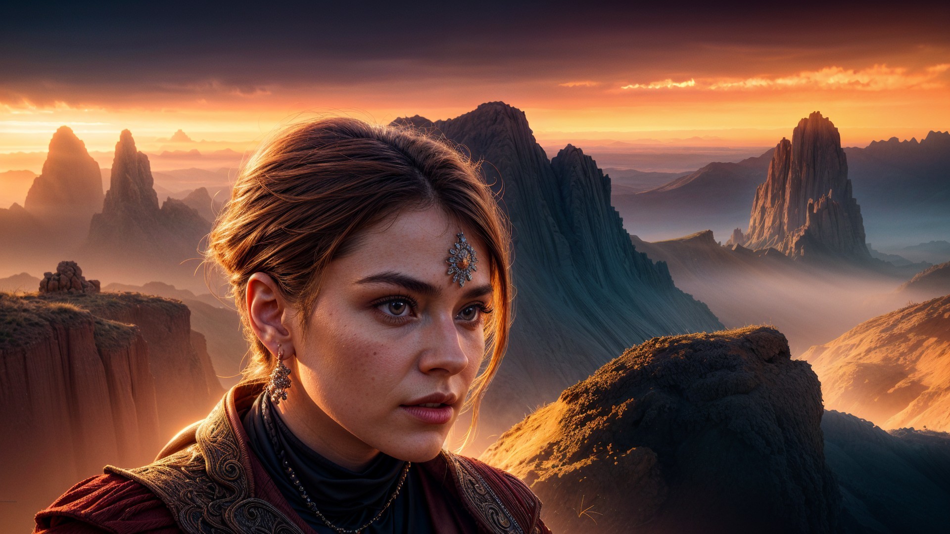 Sunset Landscape with a Thoughtful Young Woman