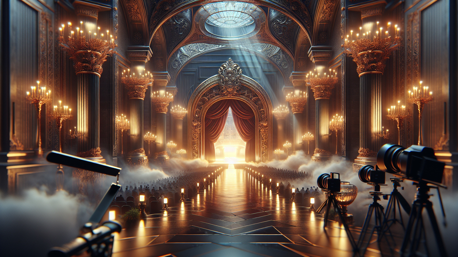 Opulent hall with ornate architecture and chandeliers