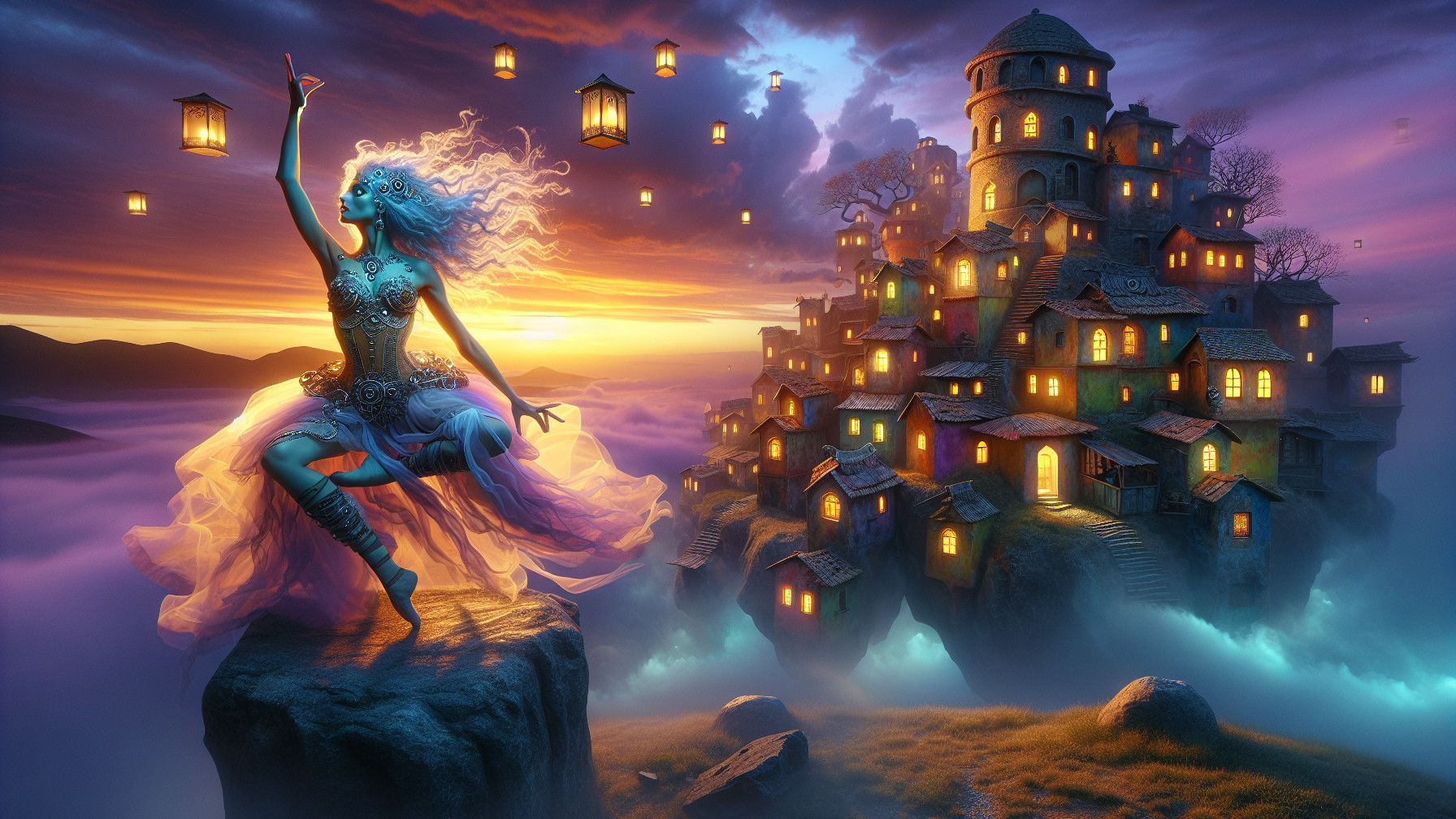 Mystical Dusk Dance with Lanterns and Enchanted City