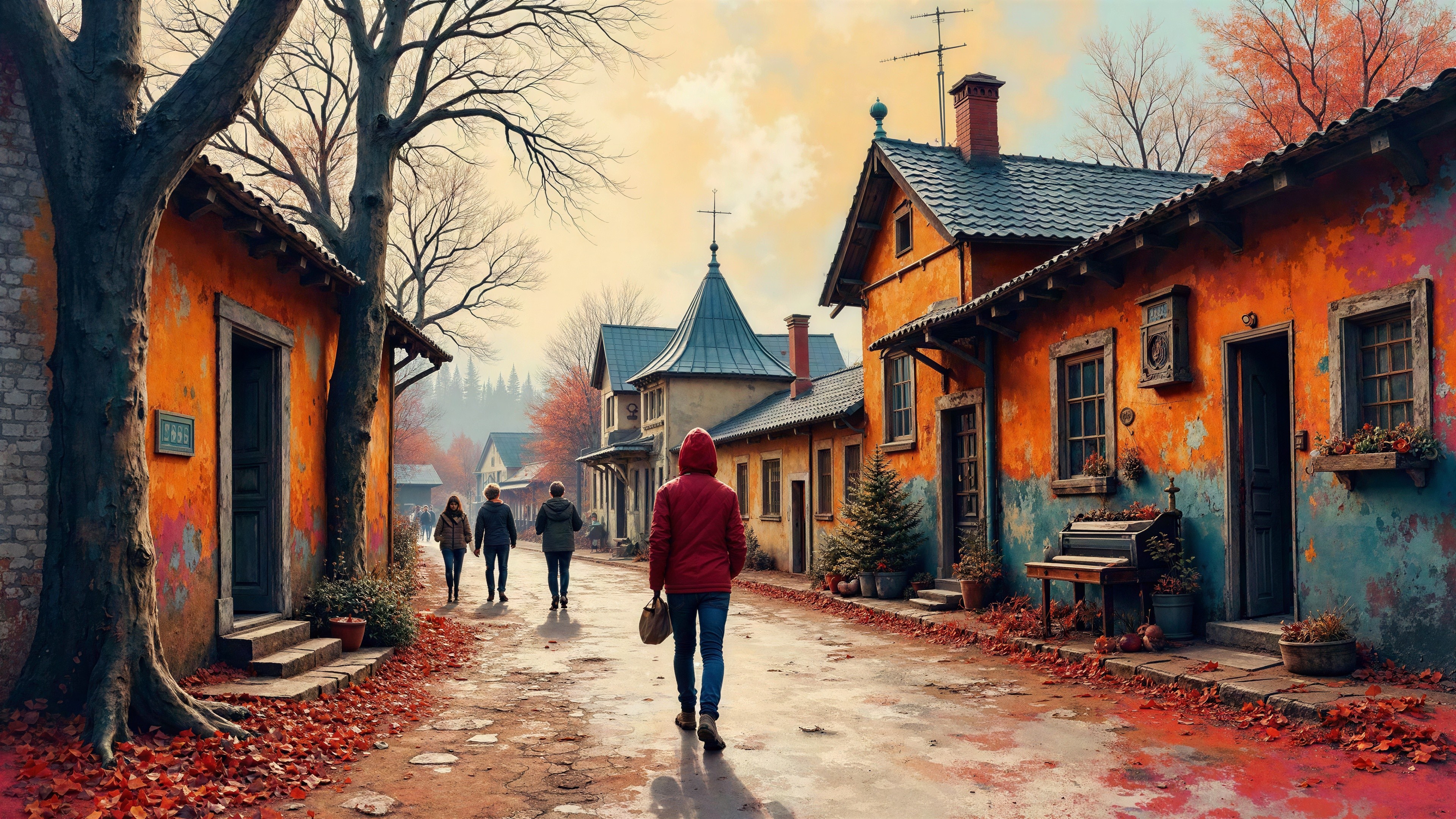 Colorful Autumn Village Scene with Cobblestone Street