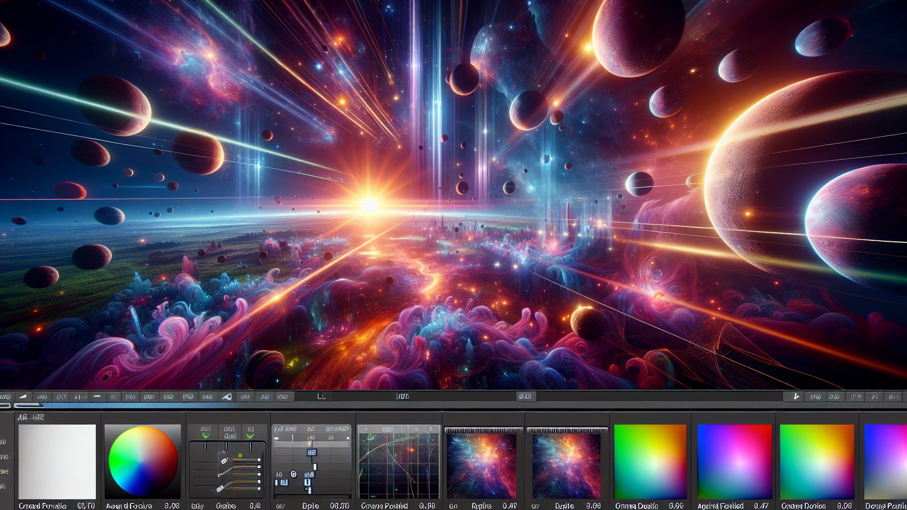 Vibrant Cosmic Scene with Radiant Sun and Nebulae