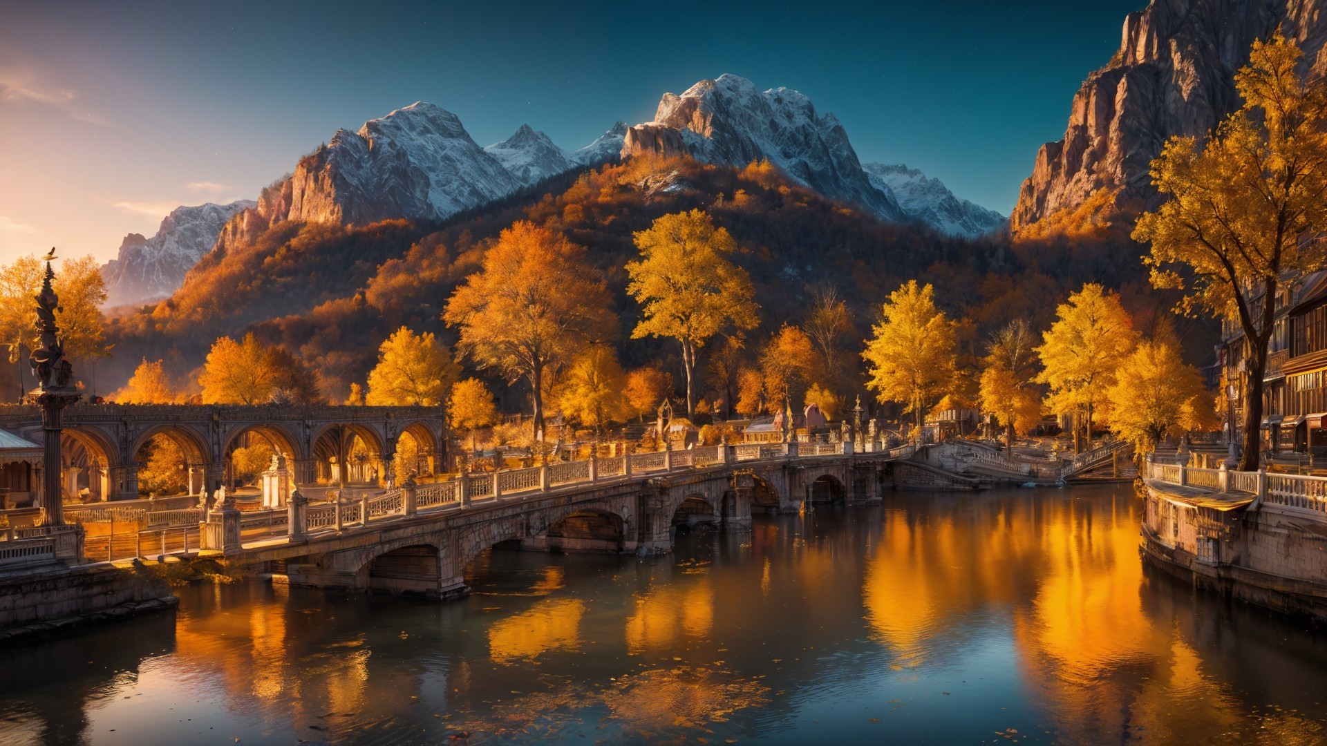 Autumn Landscape with Bridge and Snowy Mountains